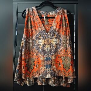 🛍Free People Darcy Sleeveless Blouse Sz Medium, Layered V Neck, Multicolor Boho